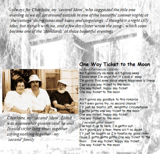 graphic for one way ticket, cottage, pic of dave and charlotte and lloyd